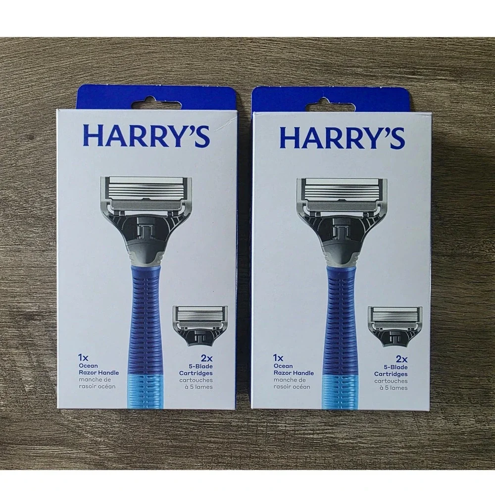 Harrys Ocean Razor Handle 5-Blade Cartridges 2 Pack Lot Blue Mens Shaving Set